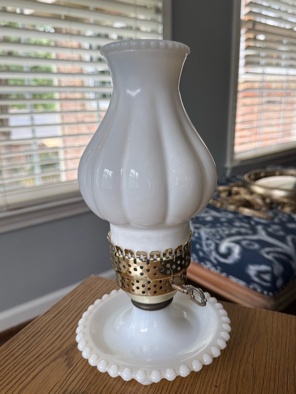 Unk White Milk Glass Vase with Brass Accent